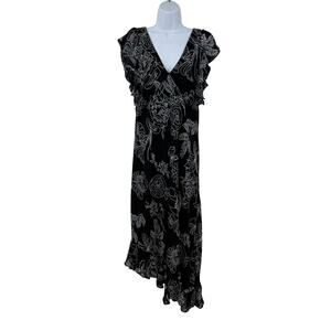 VTG Y2K Mlle Gabrielle Midi Maxi Dress 12 Black Floral Babydoll Asymmetric Vamp